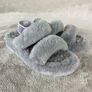 UGG Oh Yeah Slide Sandals Womens Size 10 Gray Shearling Fuzzy Slingback